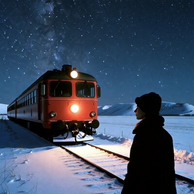 Woman viewing red train under starry sky