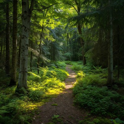 Sunlit Forest Path with Ferns