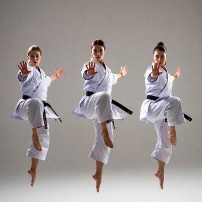 Three women performing karate kicks