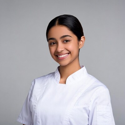 Smiling young woman in white chef uniform