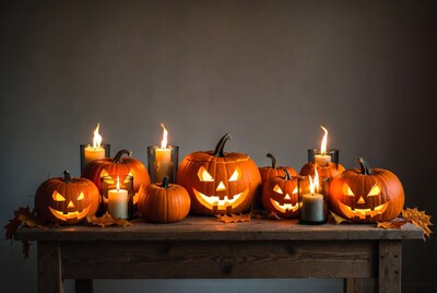 Jack-o'-lanterns and candles on wooden table