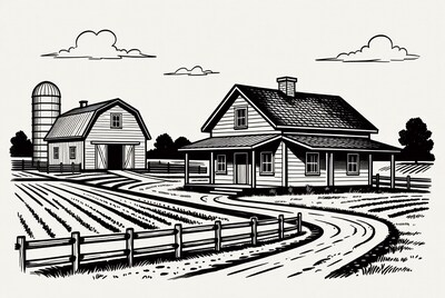 Black and White Farmhouse Barn Illustration