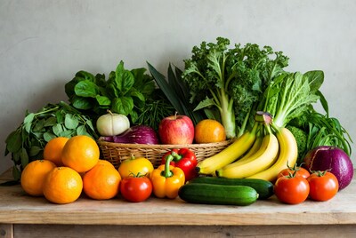 Fresh Fruits Vegetables on Wooden Table