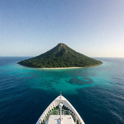 Cruise Ship Approaching Tropical Island