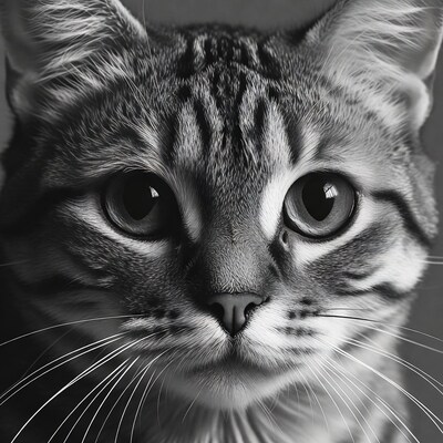 Close-up black and white tabby cat