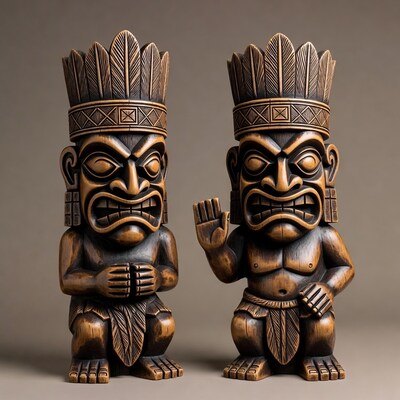 Two Tiki Statues with Raised Hand