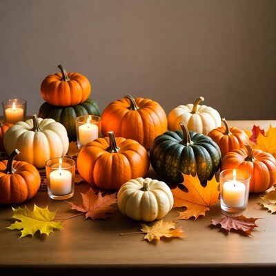 Pumpkins and Candles on Wooden Table