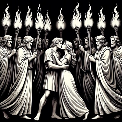 Couple Kissing Surrounded by Men with Torches