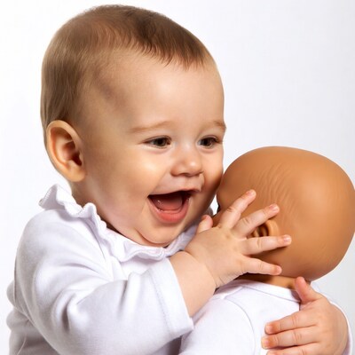 Baby hugging doll
