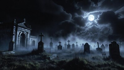 Moonlit Cemetery with Tombstones and Mausoleum