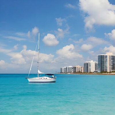 White sailboat anchored in turquoise sea