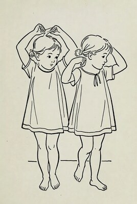 Two girls tying ponytails illustration