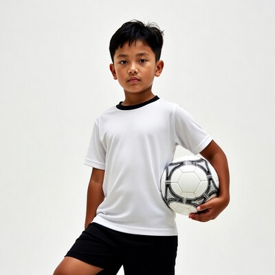 Asian boy holding soccer ball