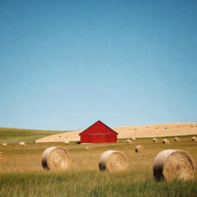 Red Barn with Hay Bales in Field