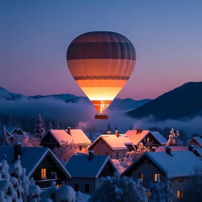 Hot Air Balloon over Snowy Mountain Village