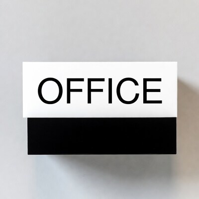 Office Sign on White Black Box