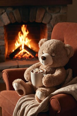Teddy bear with hot chocolate by fireplace