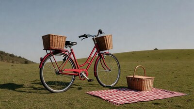 Red Bicycle with Baskets on Picnic Blanket