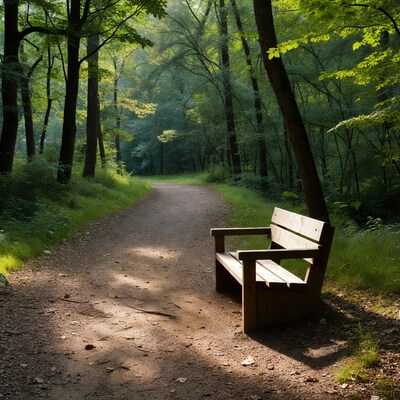 Wooden bench on forest path