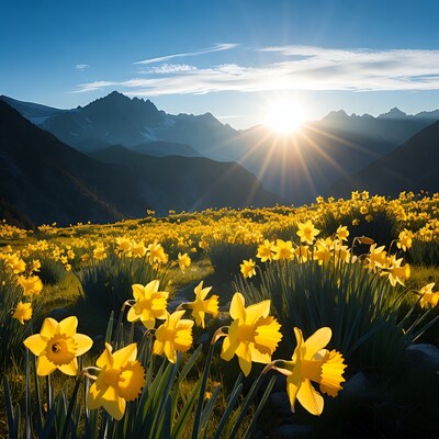 Daffodil Field Sunrise in Mountains