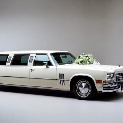 White Cadillac Limousine with Wedding Flowers