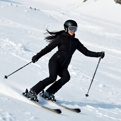 Woman skiing down snowy slope