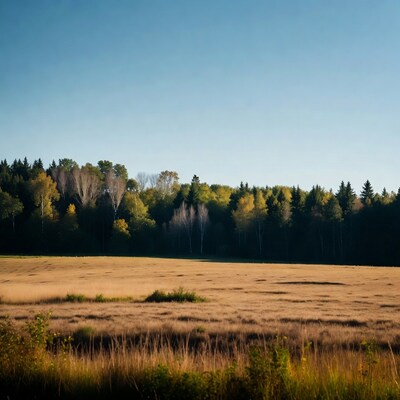 Autumn Forest and Golden Grass Field