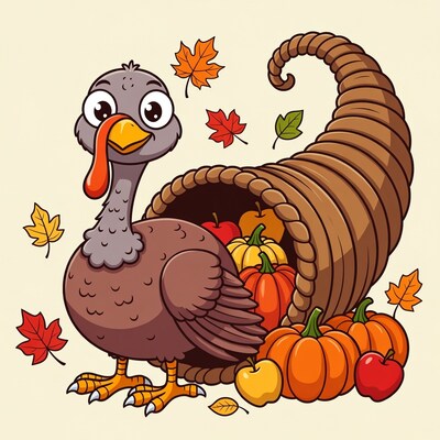Cartoon Turkey with Cornucopia and Autumn Produce