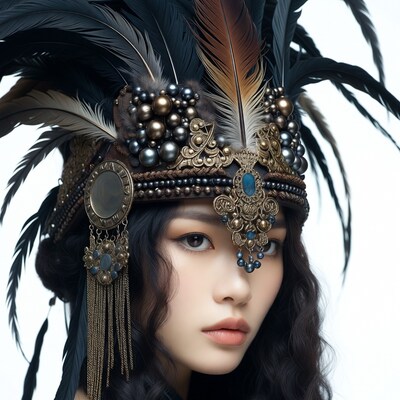 Asian woman in ornate feathered headdress