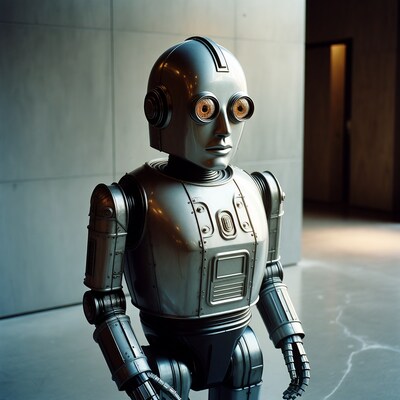 Silver robot with glowing eyes