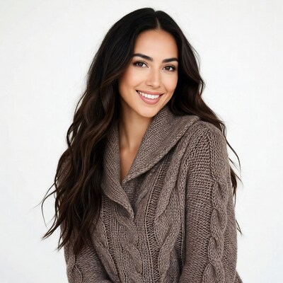 Smiling woman in cable knit hoodie