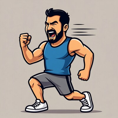 Muscular man running with fist pump