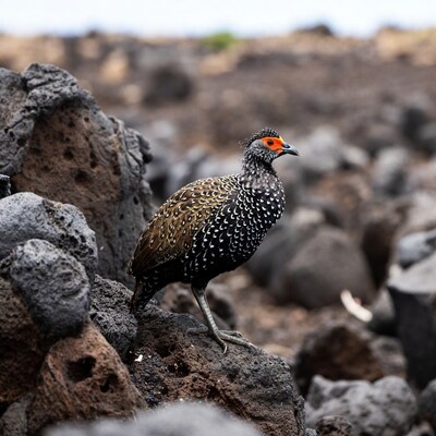 Guineafowl standing on volcanic rocks