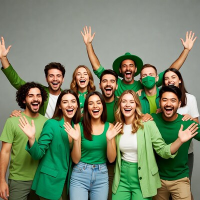 Diverse group celebrating in green outfits