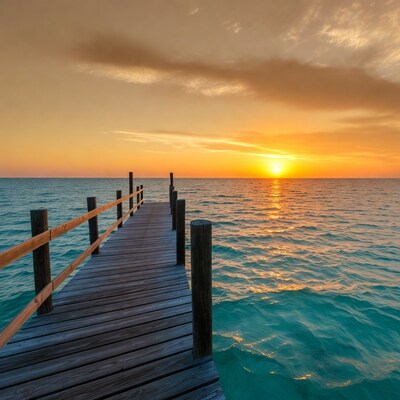 Wooden pier into turquoise sea at sunset