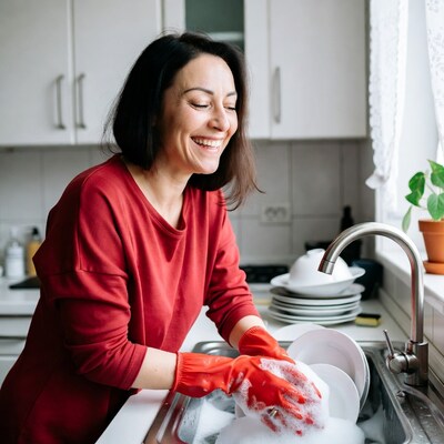 Woman washing dishes in kitchen