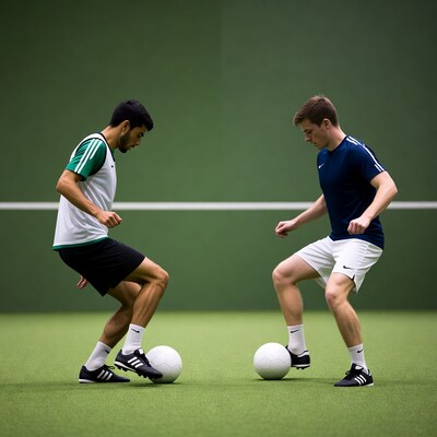 Two men soccer training with balls