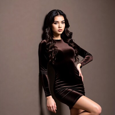 Asian woman in brown velvet dress