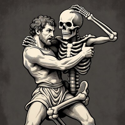 Man embracing skeleton illustration
