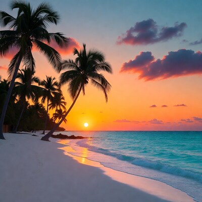 Tropical Beach Sunset with Palm Trees