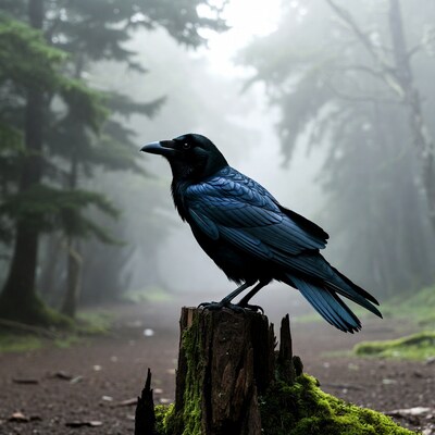 Raven Perched on Mossy Stump in Foggy Forest