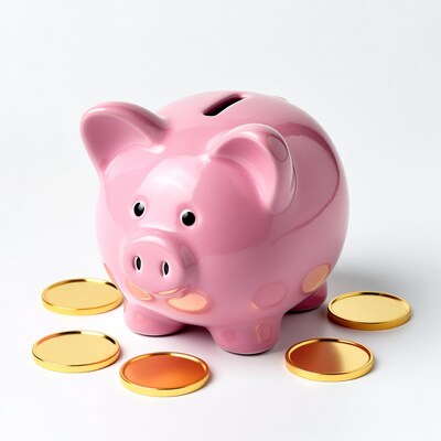 Pink piggy bank with gold coins