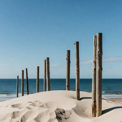 Wooden posts on sand dune beach