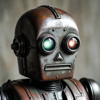 Rusty steampunk robot close-up