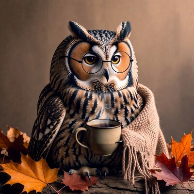 Owl wearing glasses holding teacup