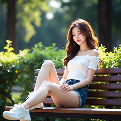 Asian woman sitting on park bench