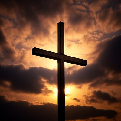 Wooden Cross Silhouette Against Sunset Clouds
