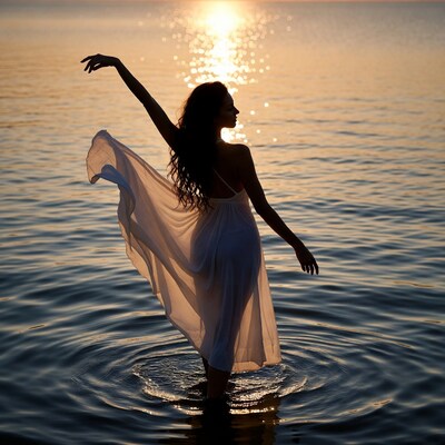 Woman dancing in water at sunset