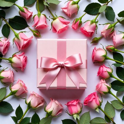 Pink Roses Surrounding Gift Box