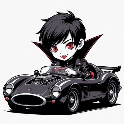 Chibi Vampire Boy Driving Sports Car